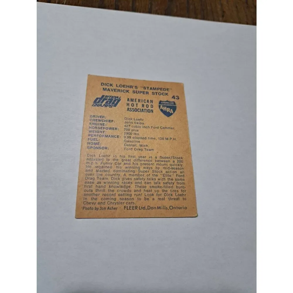 Vintage 1971 Fleer Dick Loehr Stampede Maverick Super Stock #43 Trading Card